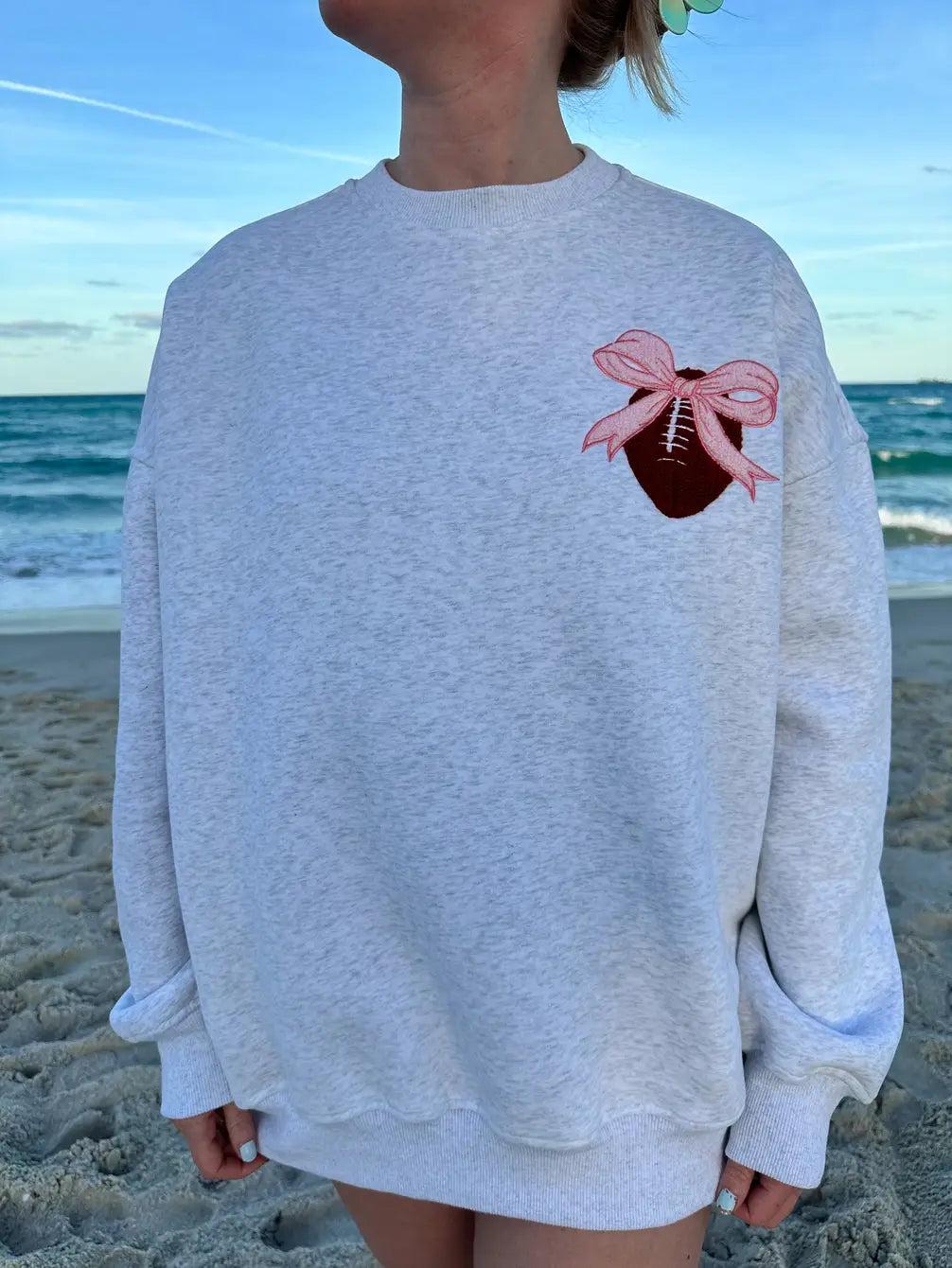 Pearl Grey Pink Bow Football Game Day Embroider Sweatshirt Product Image