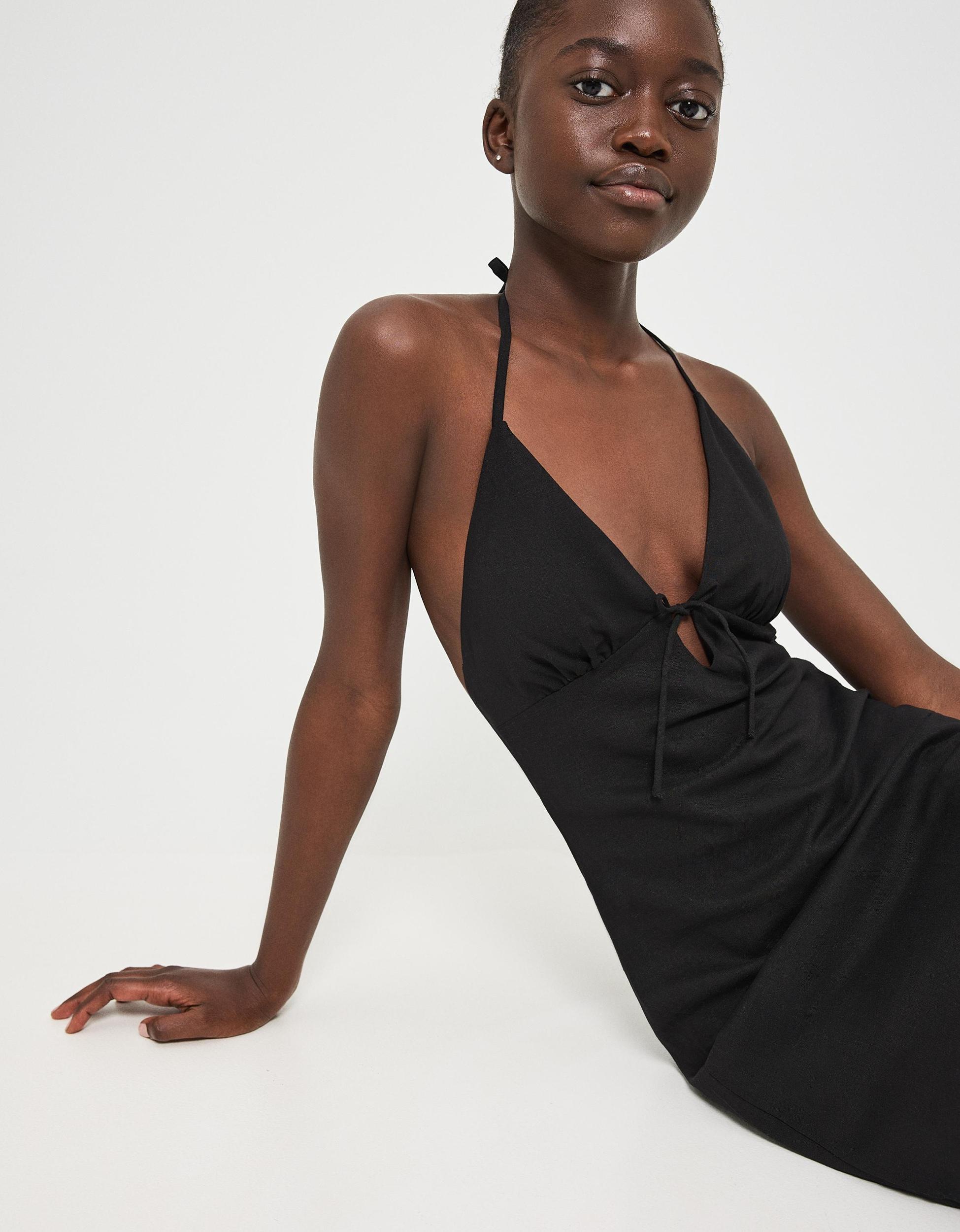 Linen blend tie-up halter midi dress Product Image