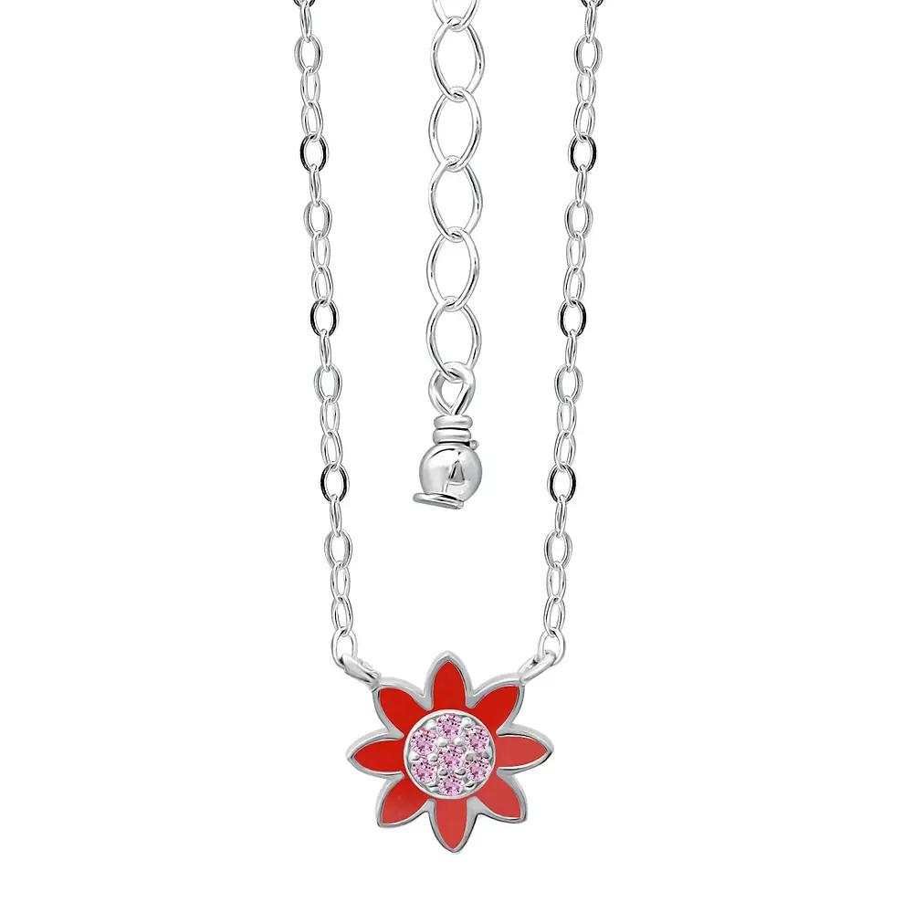 Aleure Precioso Sterling Silver Enamel & Cubic Zirconia Flower Necklace, Women's, Size: 16", Red Product Image