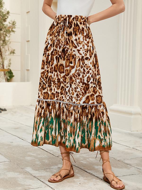 A-Line Loose Drawstring Leopard Split-Joint Skirts Bottoms Product Image
