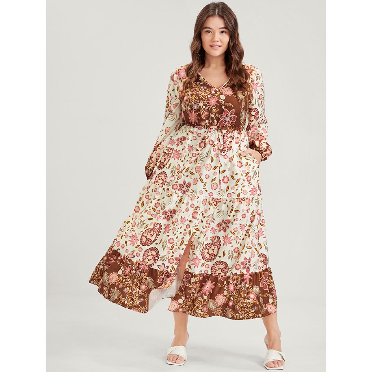 Plus Size Floral Lantern Sleeve Pocket Split Tie Flutter Midi Dress WhiteSmoke Women Vacation Gathered V-neck Long Sleeve Curvy Midi Dress BloomChic 14-16/1X Product Image