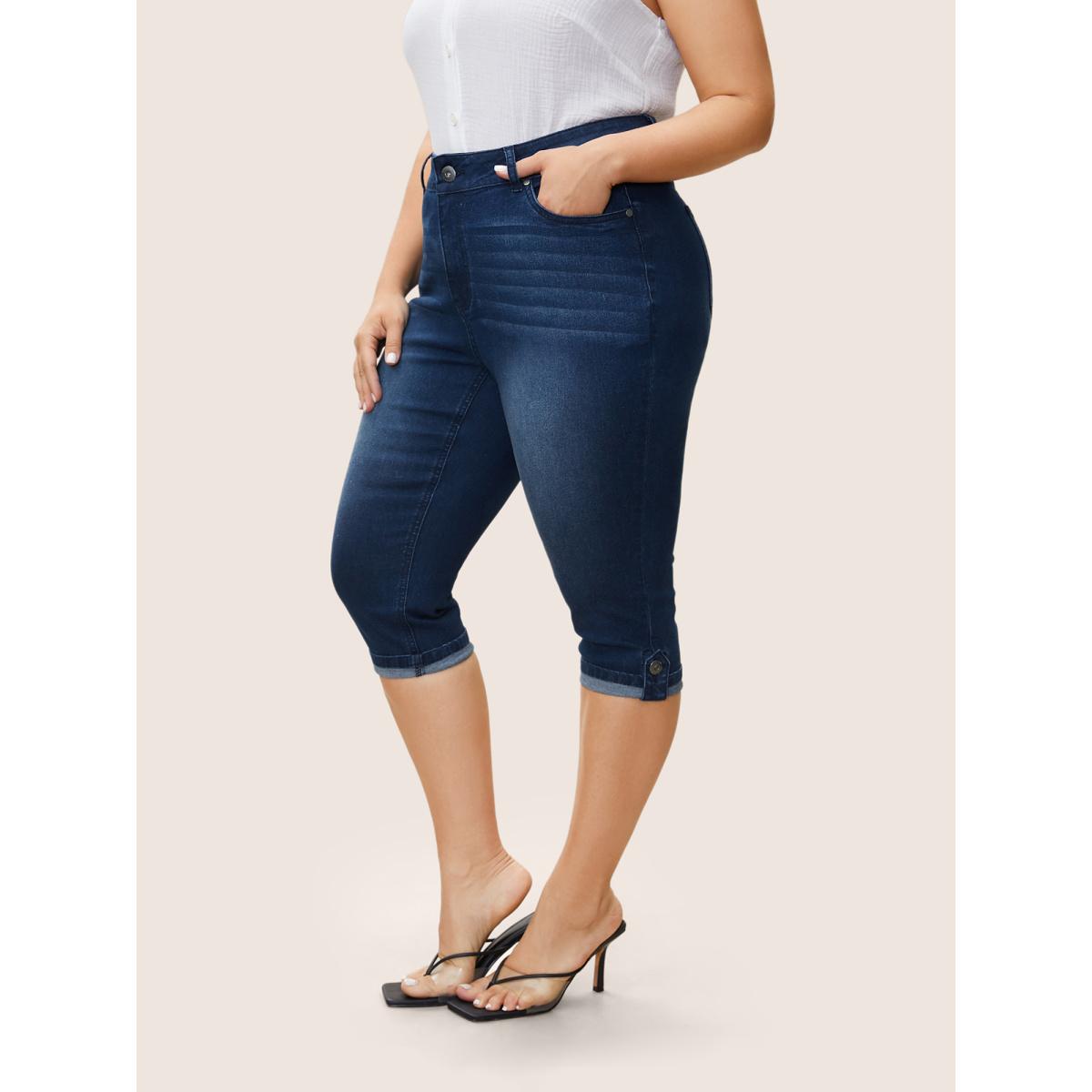 Plus Size Plain Roll Hem Skinny Cropped Jeans Women Indigo Casual Plain Non High stretch Slanted pocket Jeans BloomChic 14/1X Product Image