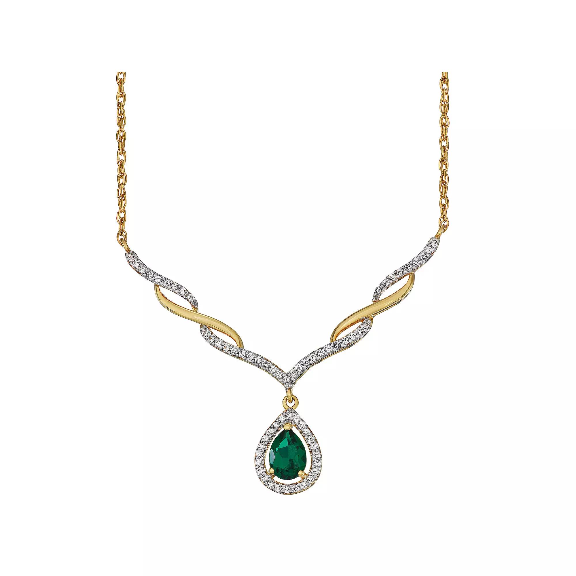18K Gold Over Sterling Silver Two-Tone Lab-Created Emerald & White Sapphire Necklace, Women's, Size: 18", Gold Tone Product Image