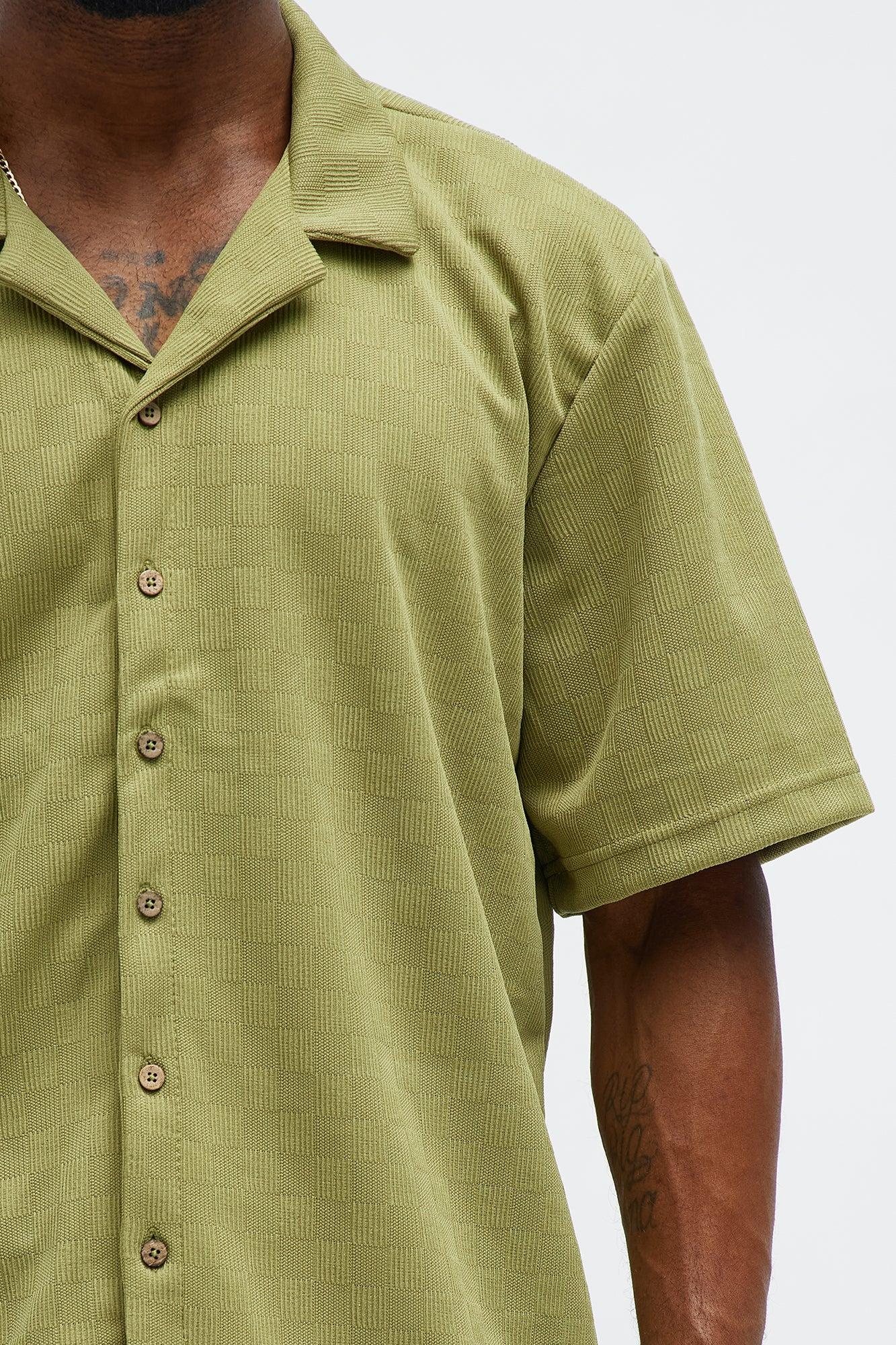 Checker Texture Cuban Button Up Shirt - Olive Male Product Image