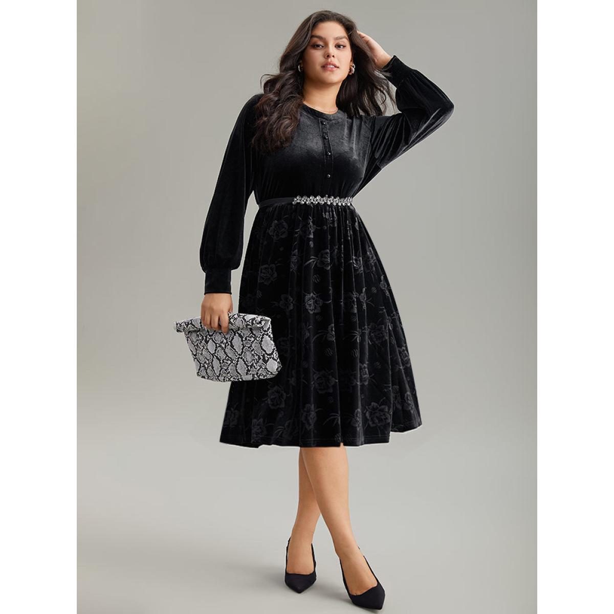 Plus Size Solid Velvet Button Detail Pocket Dress Black Women Office Plain Round Neck Long Sleeve Curvy Midi Dress BloomChic 18-20/2X Product Image