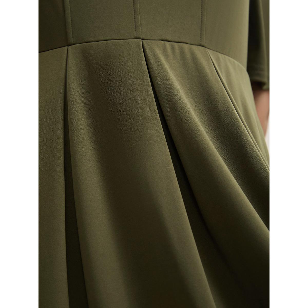 Plus Size Stretchy Plicated Detail Square Neck Dress ArmyGreen Women At the Office Pleated Square Neck Short sleeve Curvy BloomChic 14-16/1X Product Image