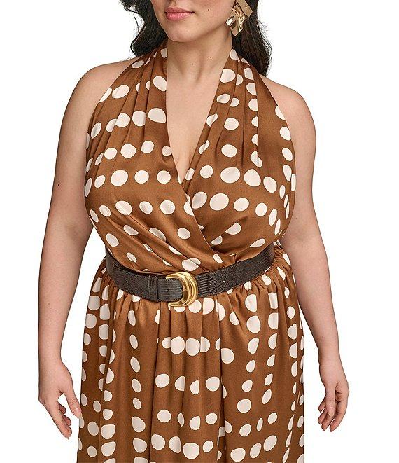 Donna Karan Plus Size Halter Neck Polka Dot Print Belted Midi Dress Product Image
