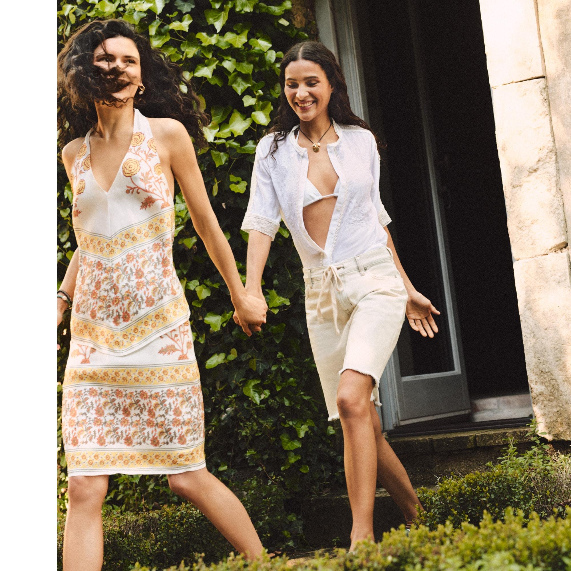 Open-back halter top in sunset rose block print Product Image