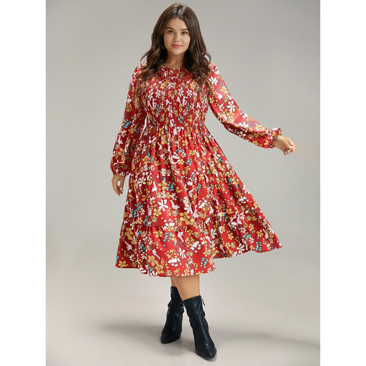 Plus Size Floral Print Keyhole Shirred Dress Salmon Women Elegant Elastic cuffs Mock Neck Long Sleeve Curvy Midi Dress BloomChic 18-20/2X Product Image