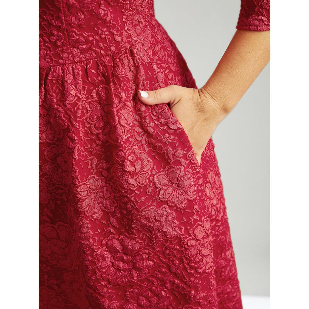 Plus Size Plain Textured Square Neck Pocket Dress Raspberry Women Party Texture Square Neck Elbow-length sleeve Curvy Knee Dress BloomChic 12/L Product Image