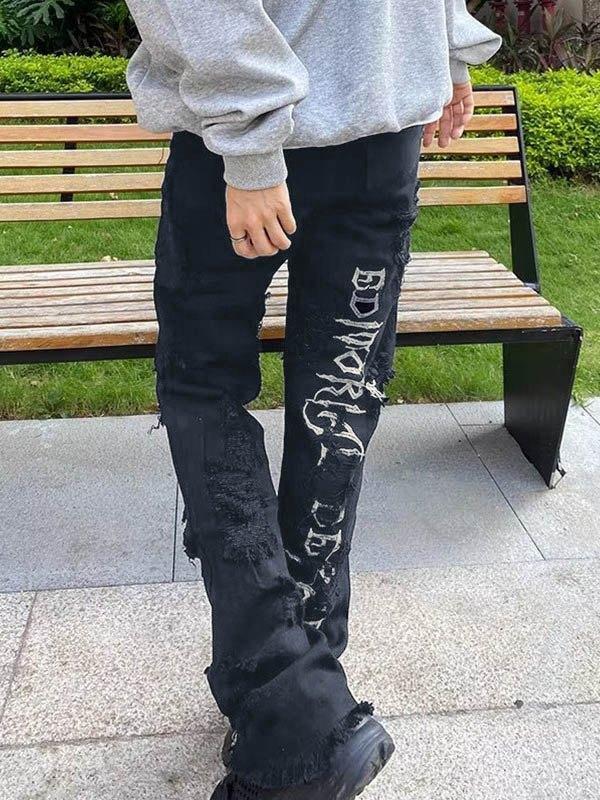 Men's Back Embroidered Distressed Straight Leg Jeans Product Image