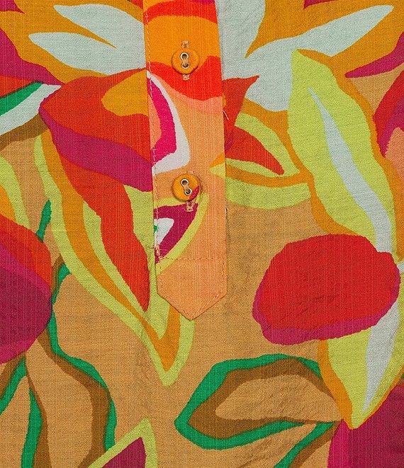 Slim Factor By Investments Plus Size Julia Gold Fusion Multi Paradise Floral Print V-Neck Short Sleeve Top Product Image