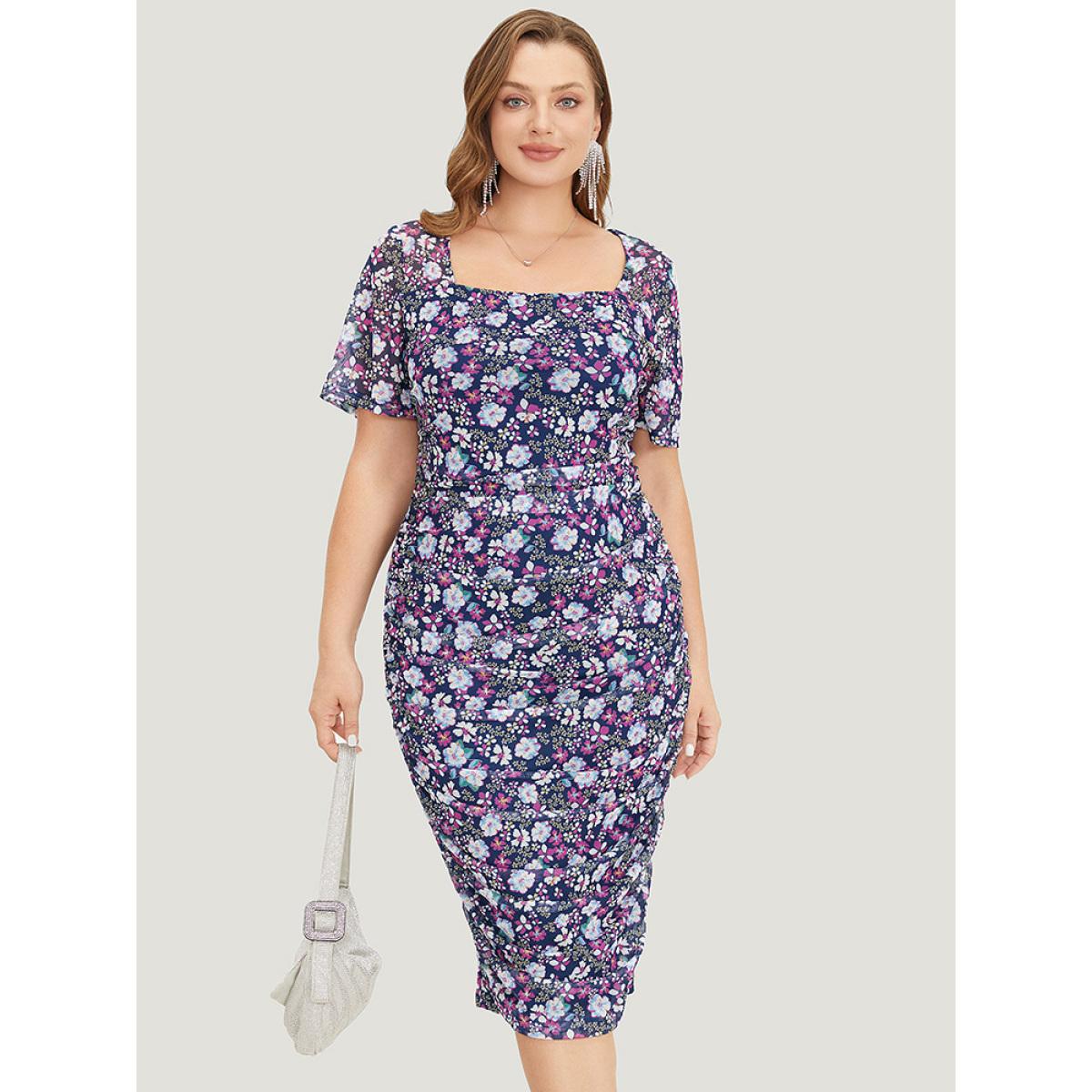 Plus Size Floral Print Ruched Square Neck Dress Stone Women Glamour Gathered Square Neck Short sleeve Curvy Midi Dress BloomChic 30/6X Product Image