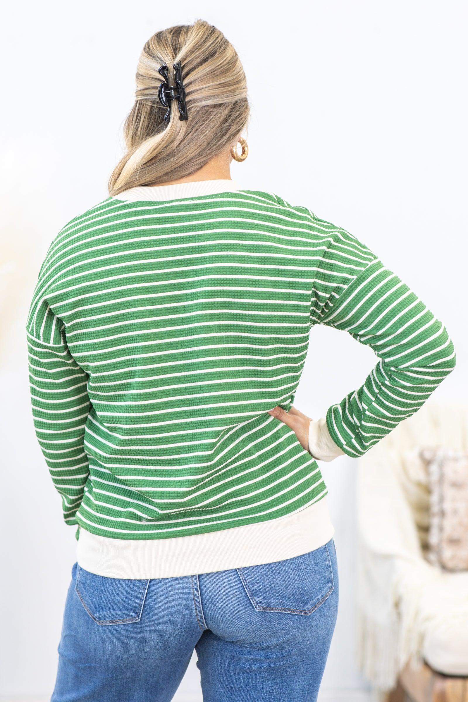 Green Crewneck Stripe Pullover Knit Top Product Image