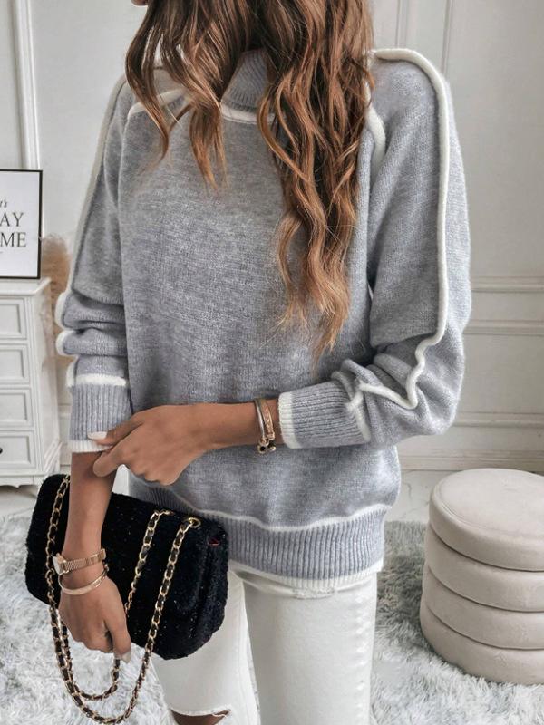 Long Sleeves Loose Contrast Color Split-Joint High Neck Sweater Tops Product Image