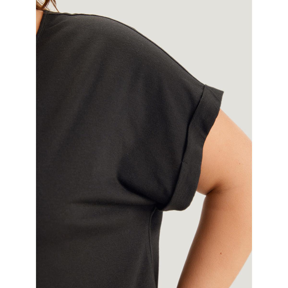 Plus Size Colorblock Contrast Button Detail Roll Batwing Sleeve T-shirt Black Women Casual Contrast Colorblock Scoop Neck Dailywear T-shirts BloomChic 12/L Product Image