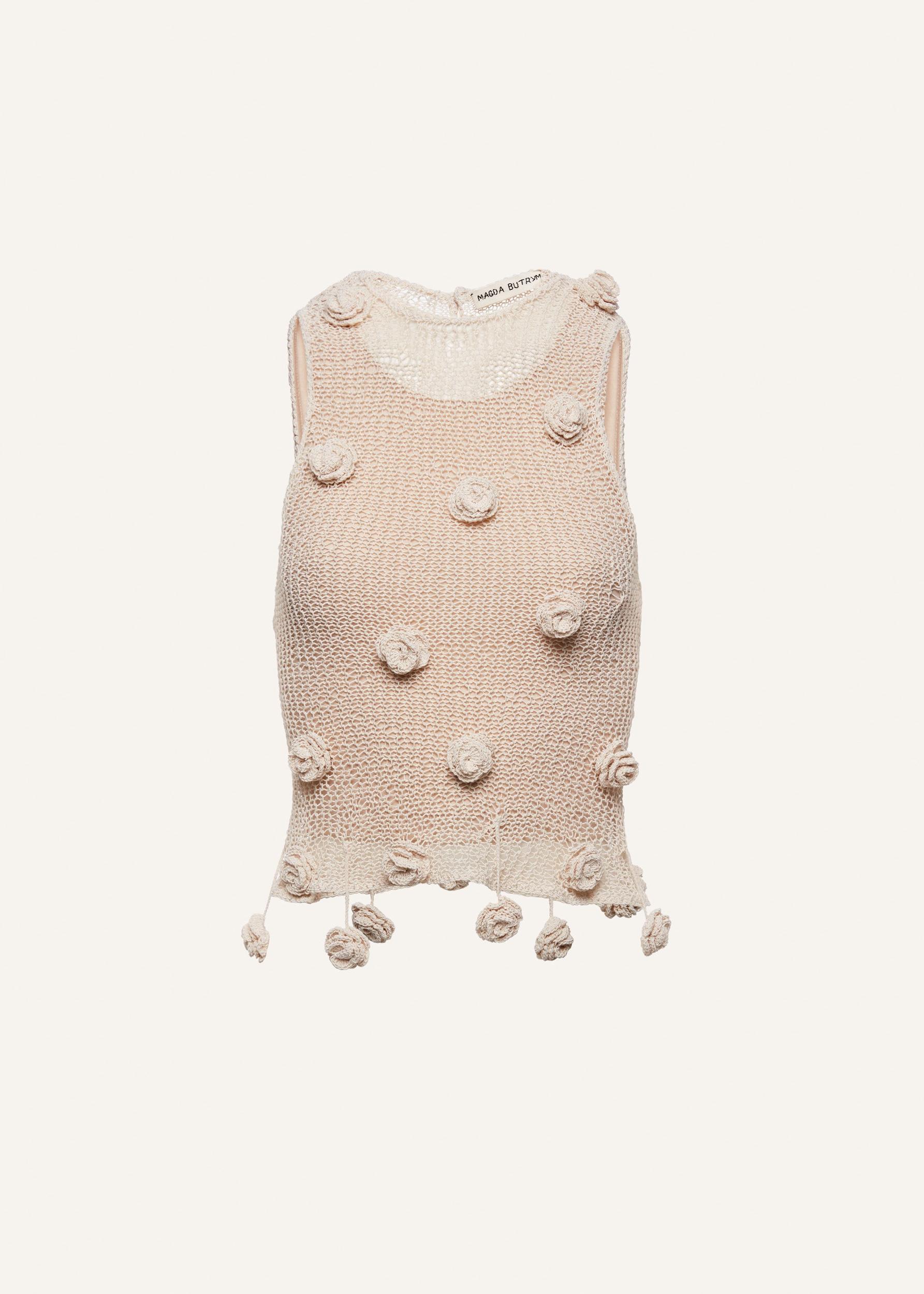 Crochet flower embellished tank top in cream Product Image