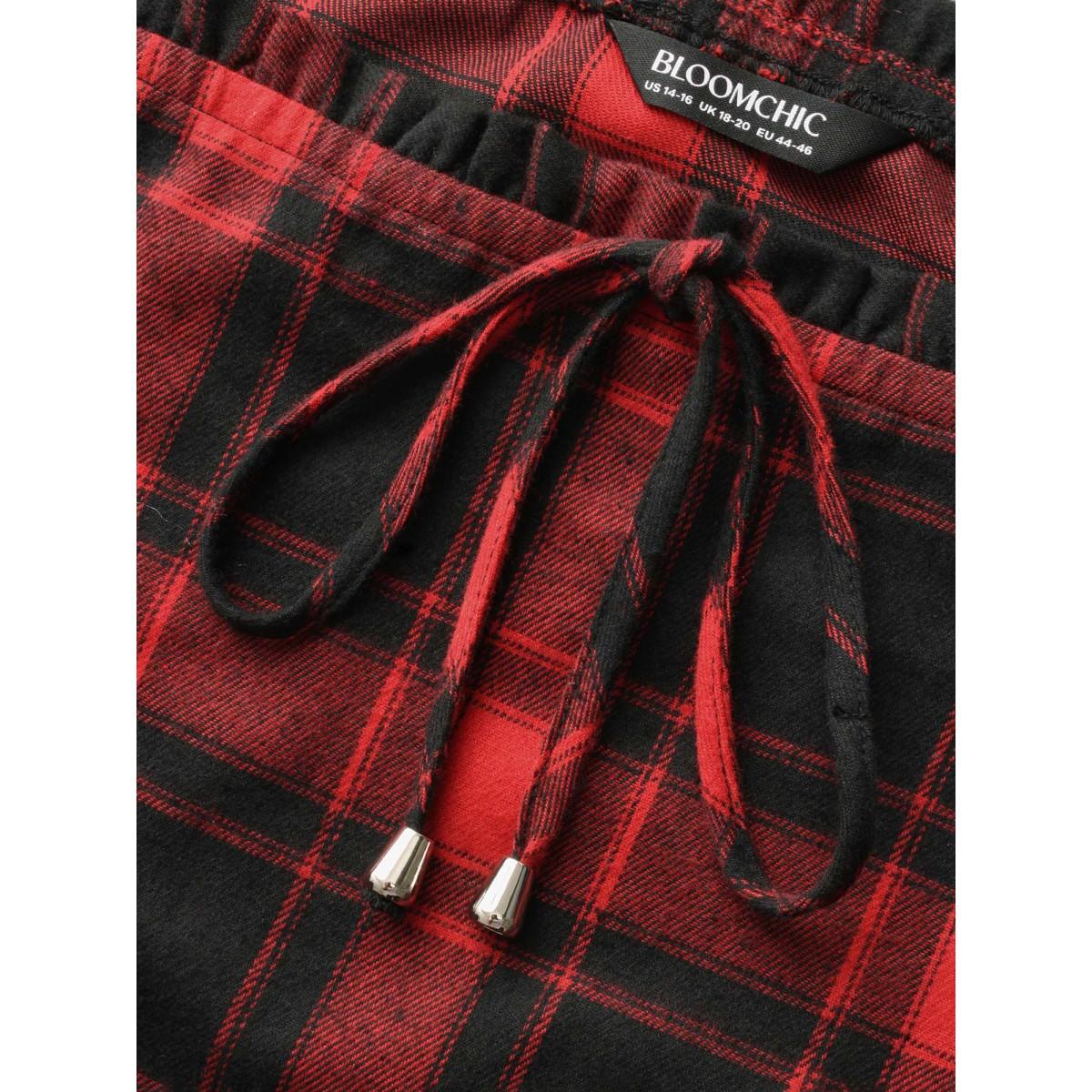 Plus Size Scarlet Mystic Off-Shoulder Slimming Tie Plaid Blouse Women Elegant Elbow-length sleeve One-shoulder neck Everyday Blouses BloomChic 10/M Product Image