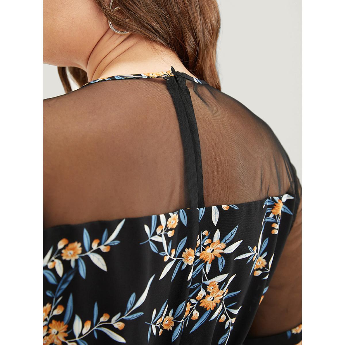 Plus Size Black Floral Mesh Patchwork Crew Neck Pocket Belted Jumpsuit Women Elegant Short sleeve Round Neck Dailywear Loose Jumpsuits BloomChic 22-24/3X Product Image