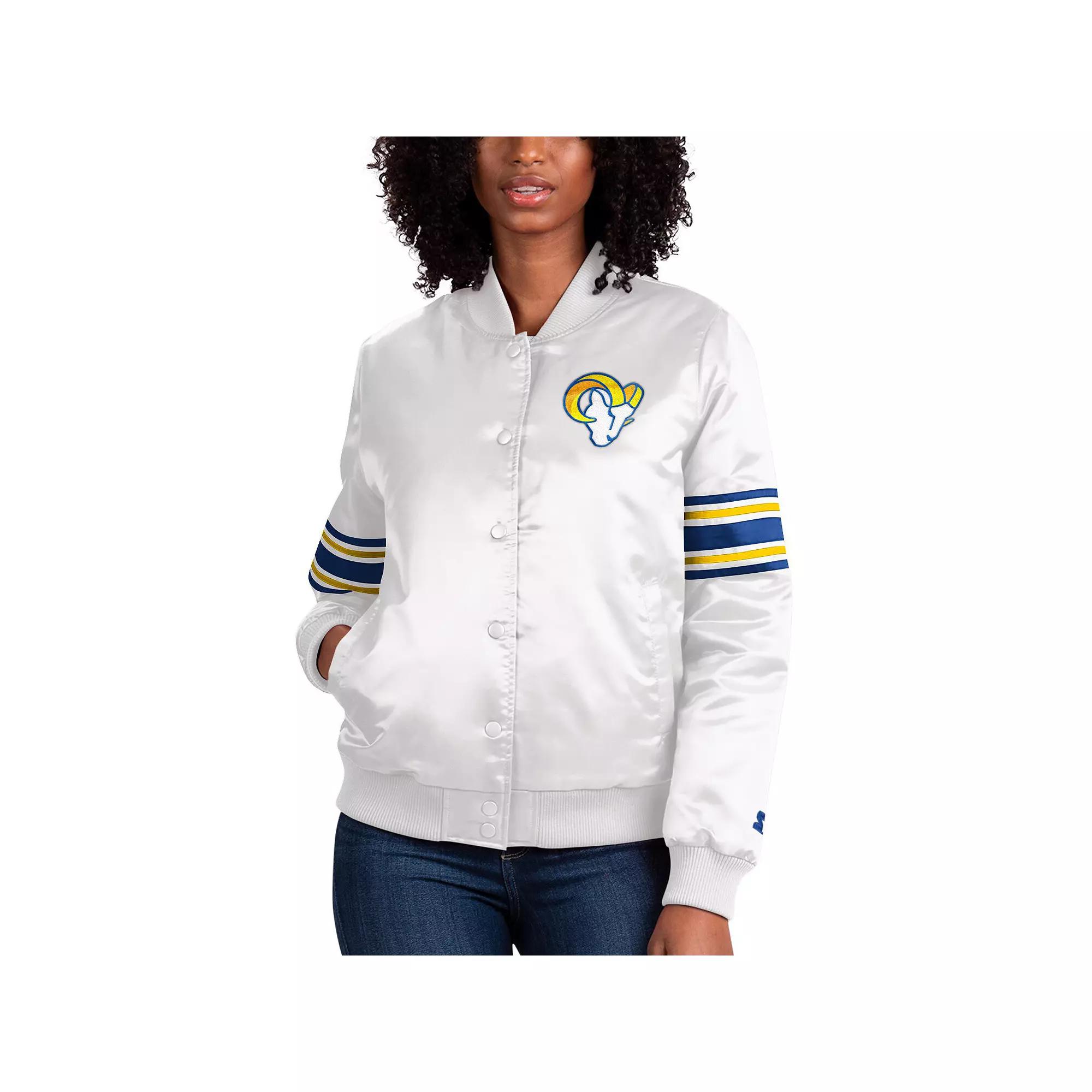 Women's Starter Cream Los Angeles Rams Line Up Satin Full-Snap Varsity Jacket,  Product Image