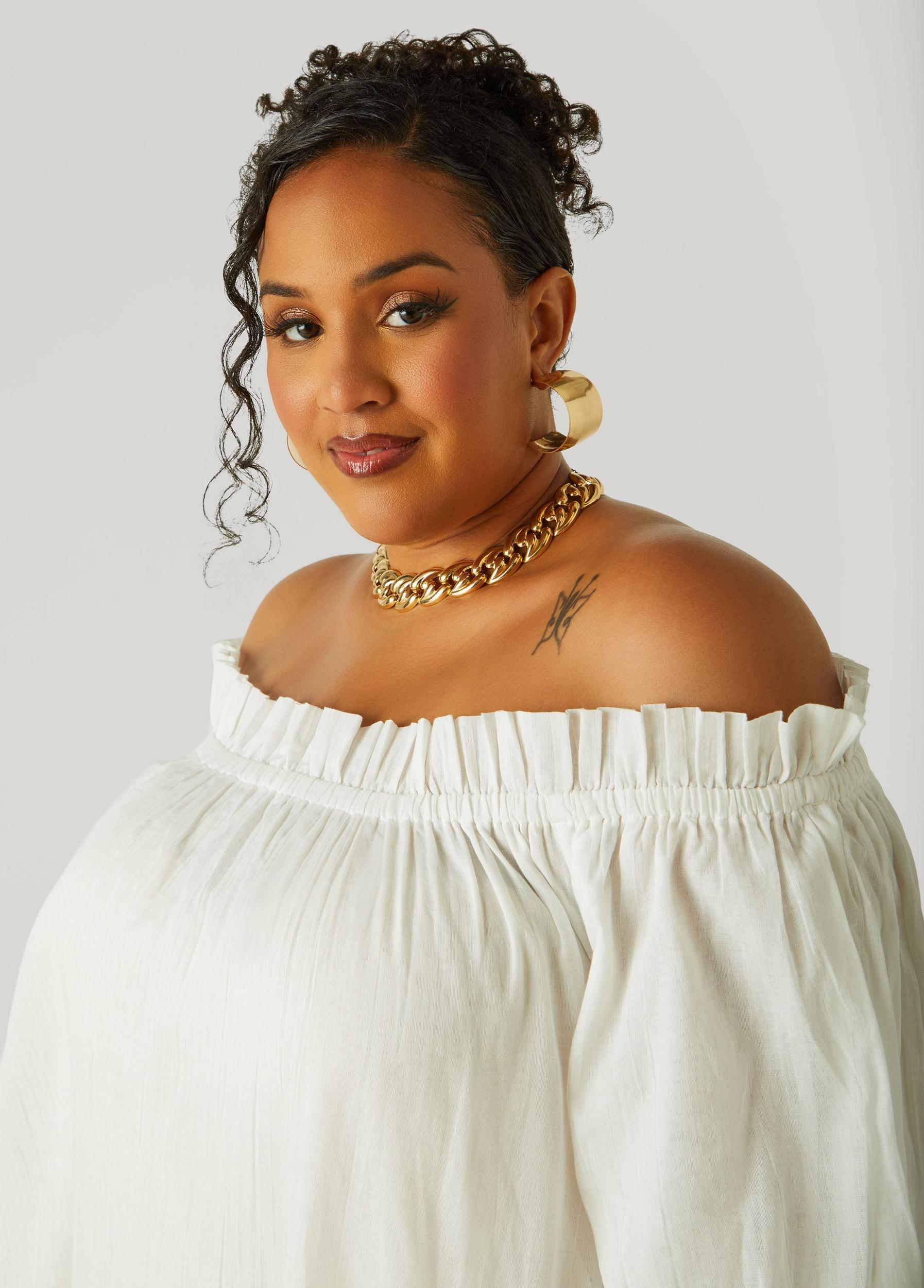 Plus Size Off The Shoulder Gauze Dress Ashley Stewart Product Image