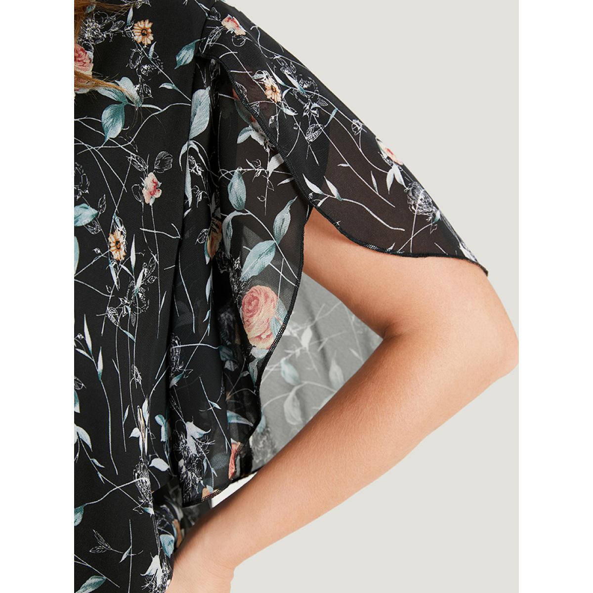 Plus Size Black Floral Split Sleeve Chiffon Blouse Women Elegant Short sleeve Round Neck Dailywear Blouses BloomChic 30/6X Product Image