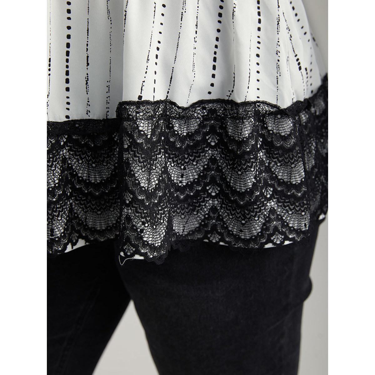 Plus Size White Dot Striped Contrast Lace Elastic Waist Blouse Women Elegant Long Sleeve Round Neck Dailywear Blouses BloomChic 26/4X Product Image