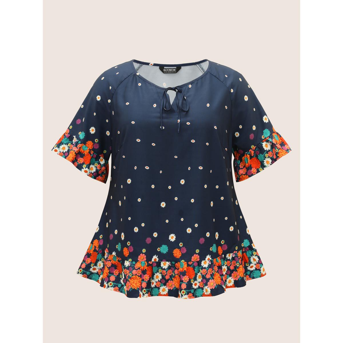 Plus Size Indigo Boho Print Ruffles Tie Knot Blouse Women Elegant Half Sleeve Flat collar with V-notch Everyday Blouses BloomChic 12/L Product Image