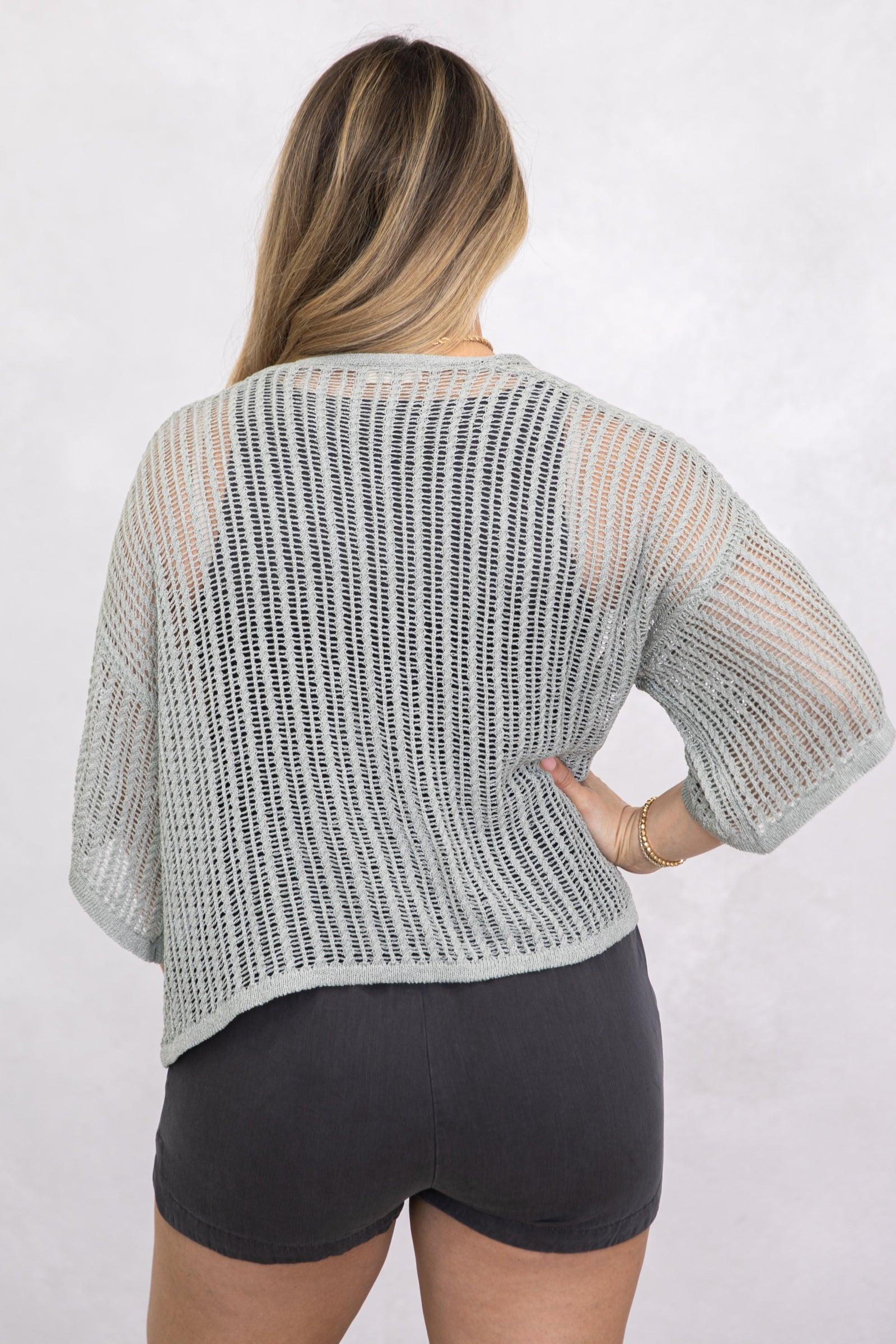 Grey Fishnet Knit Short Sleeve Cardigan Product Image