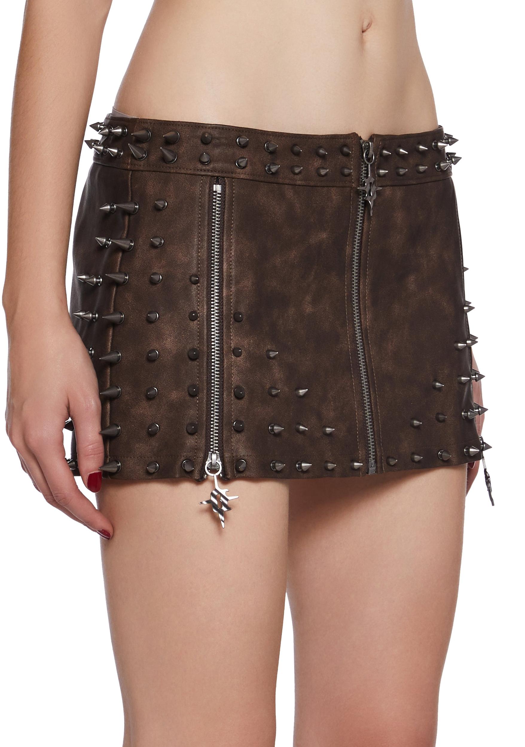 Womens Vegan Leather Spiked Mini Skirt With Zippers Darker Wavs - Brown Product Image