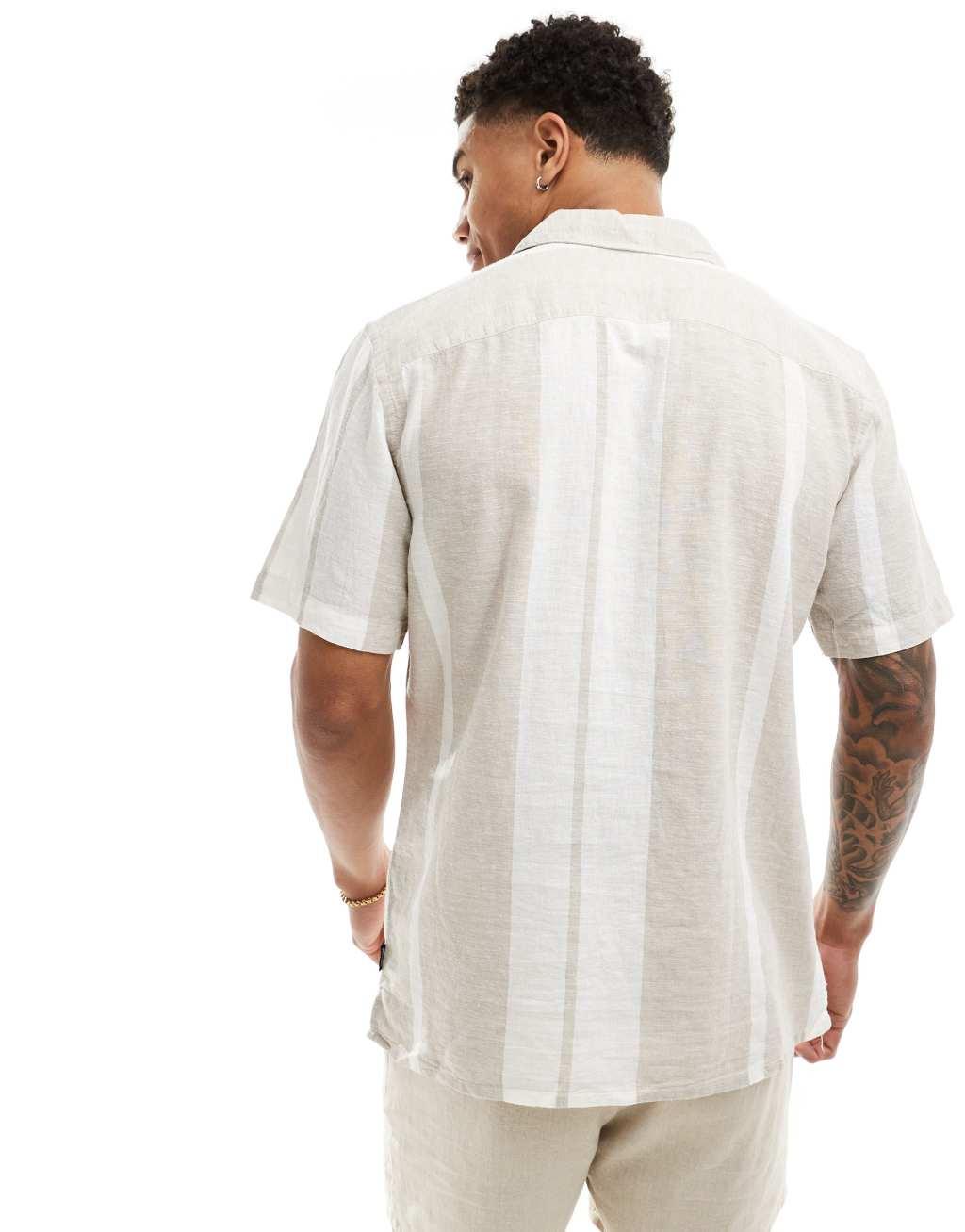 Only & Sons camp collar linen mix shirt in beige stripe Product Image