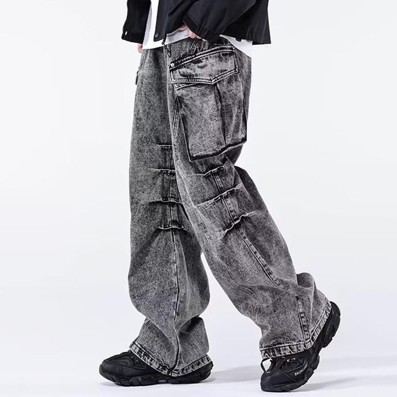 Sopula Men's Street Retro Distressed Stacked Straight-Leg Washed Work Jeans Product Image