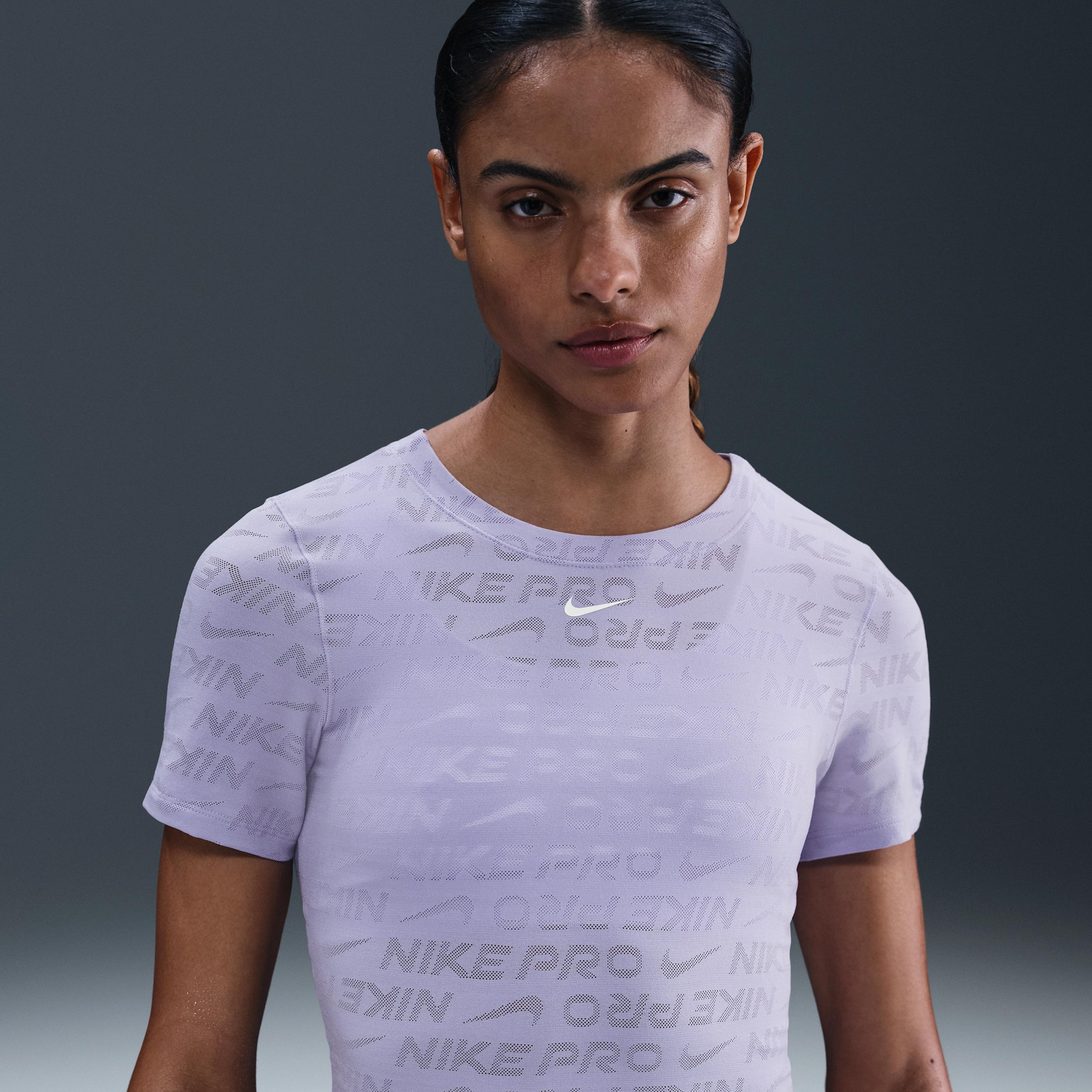 Womens Nike Pro Dri-FIT Short-Sleeve Cropped Jacquard Top | HJ2285-533 Product Image