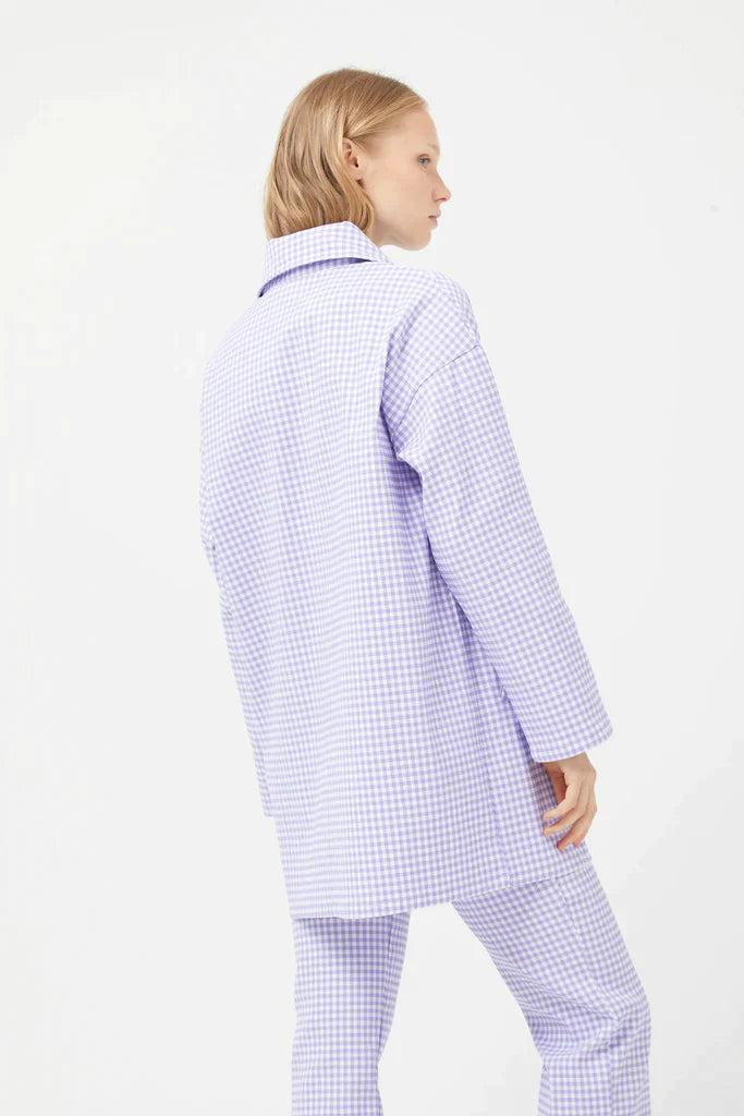 Compania Fantastica Straight lilac gingham check pants & Lilac gingham neoprene trench coat Product Image