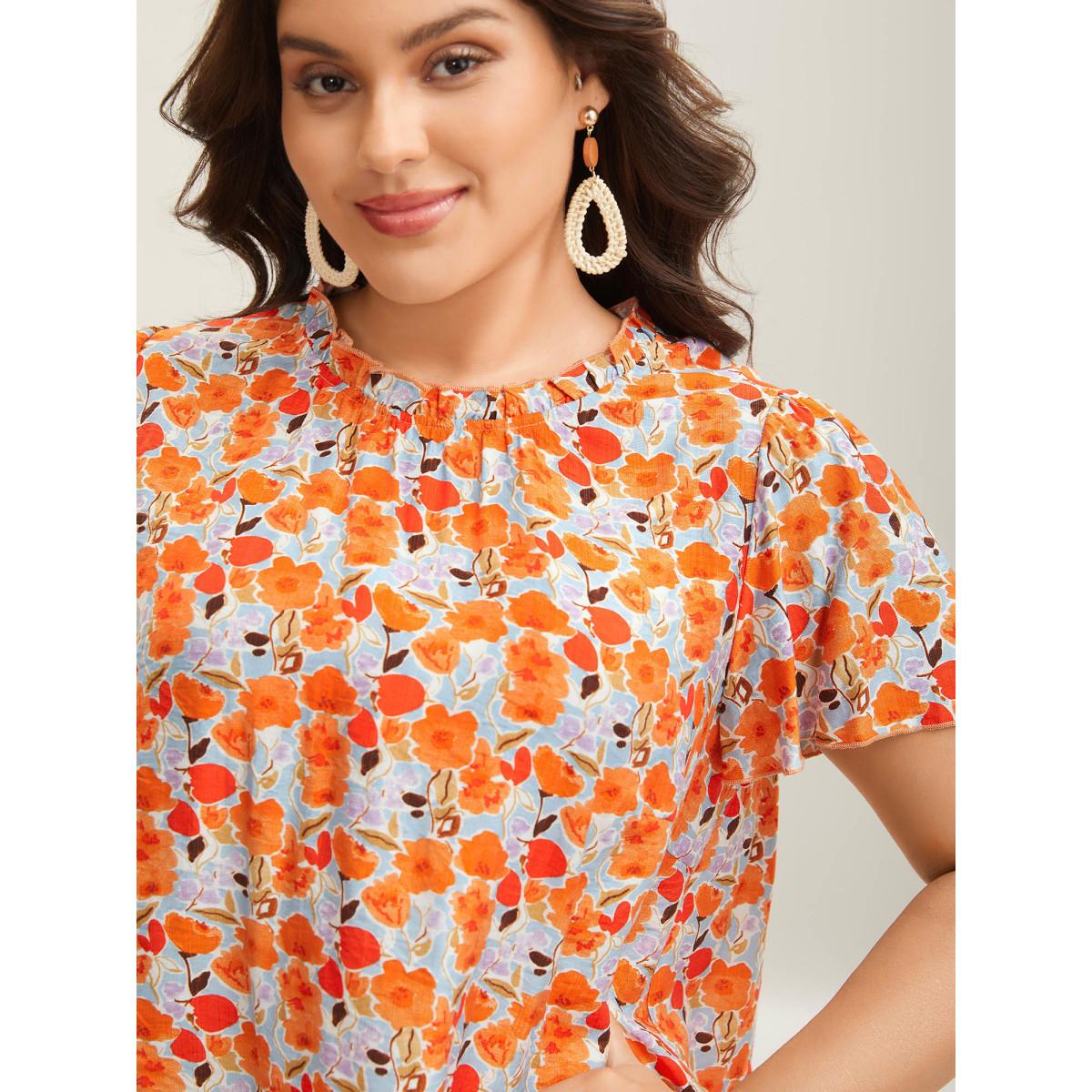 Plus Size LightBlue In Full Bloom Mock Neck Shirt Women Resort Cap Sleeve Stand-up collar Vacation Blouses BloomChic 22-24/3X Product Image