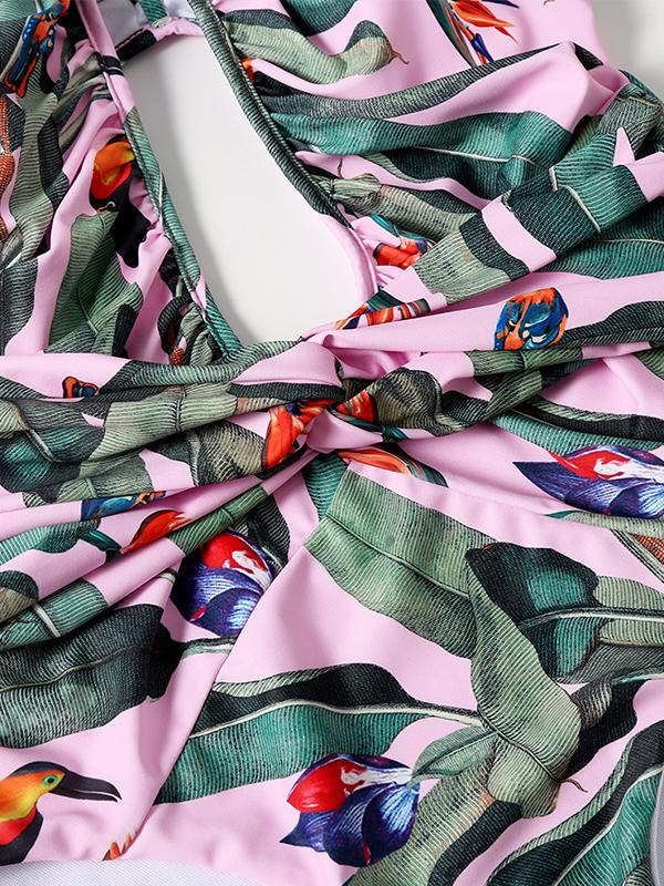 Cutout Irregular Print Backless Lantern Sleeve One-Piece Product Image