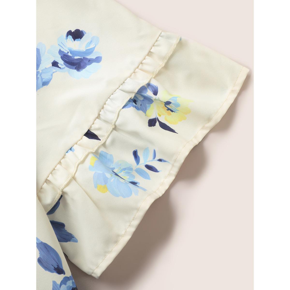 Plus Size Ivory Lace Collar Boho Print Ruffle Sleeve Blouse Women Elegant Short sleeve Lace collar Everyday Blouses BloomChic 28/5X Product Image