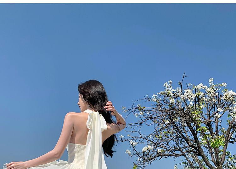 Halter-Neck Plain Ruffled Floral Midi A-Line Dress Product Image