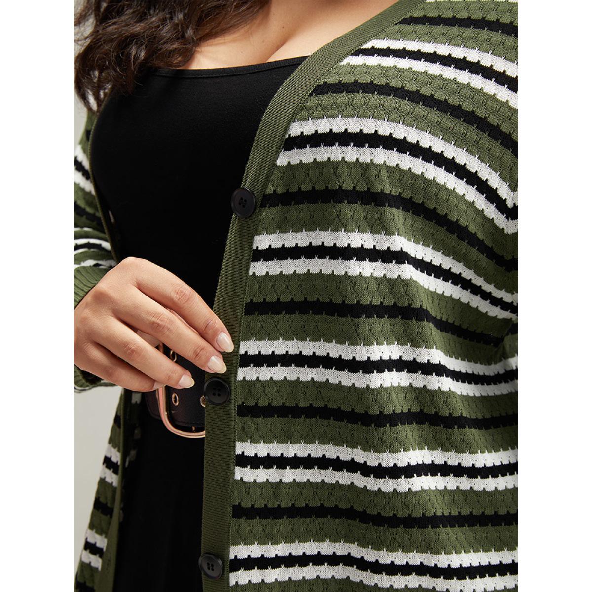 Plus Size Striped Contrast Elastic Cuffs Button Through Cardigan Multicolor Women Glamour Loose Long Sleeve Dailywear Cardigans BloomChic 10/M Product Image
