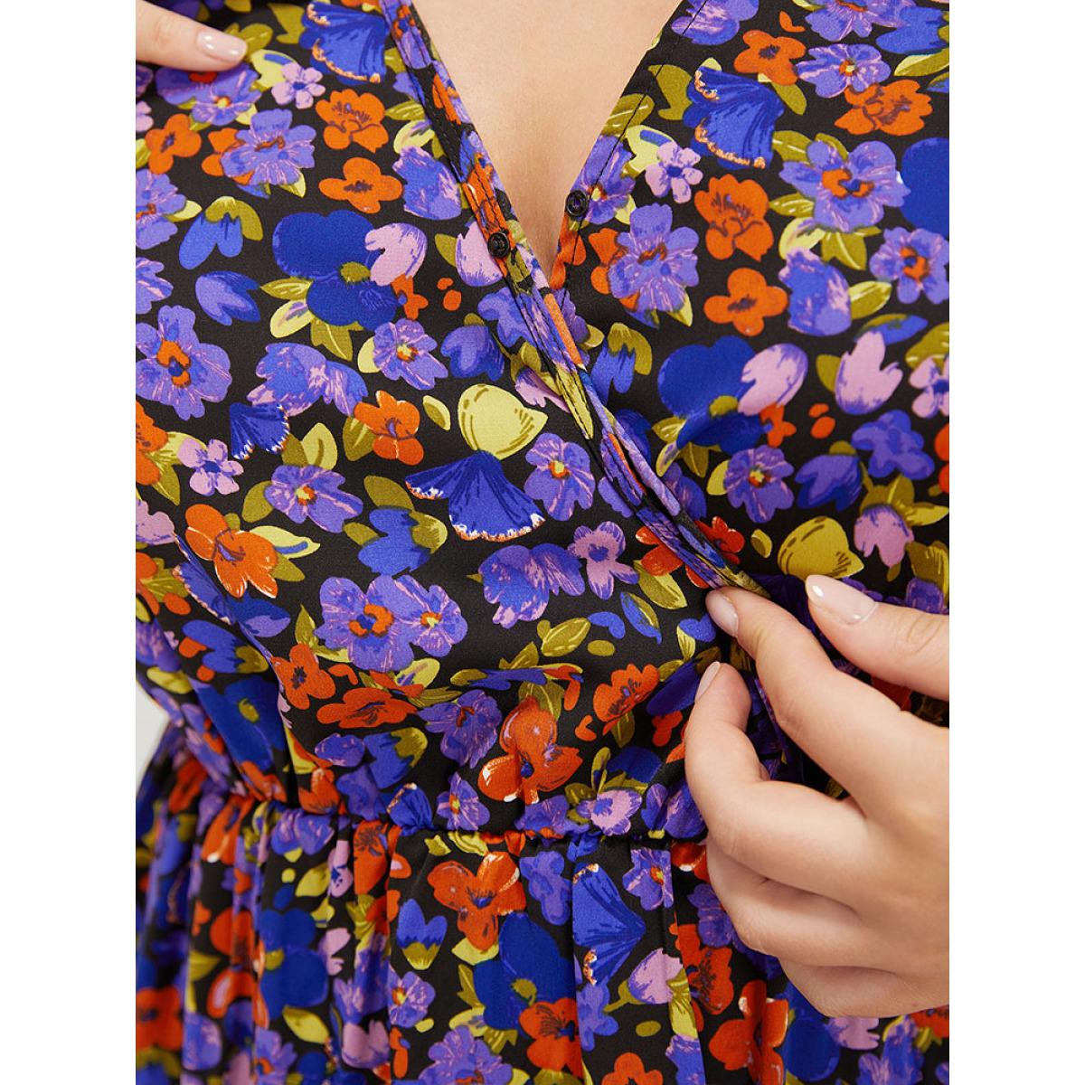 Plus Size Floral Surplice Neck Pocket Ruffles Knee Dress Black Women Elegant Wrap V-neck Short sleeve Curvy Knee Dress BloomChic 28/5X Product Image