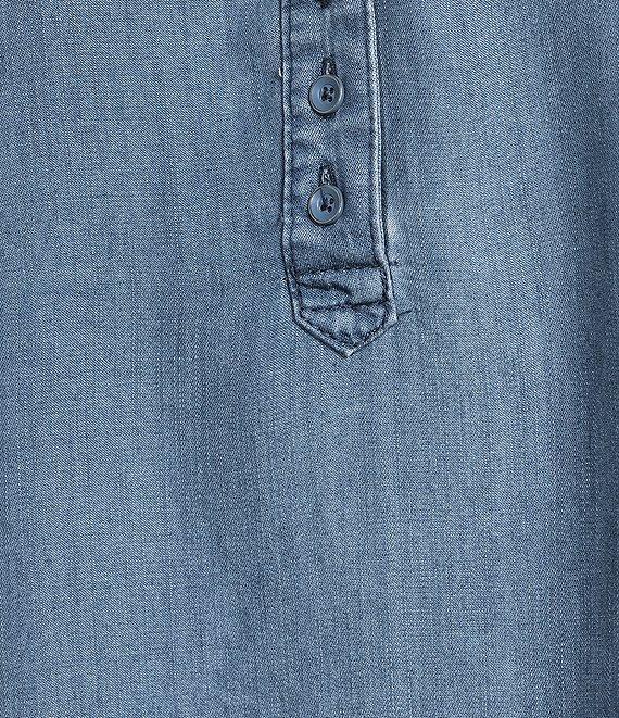 Intro Petite Size Lyocell Slub Shirred Yoke Long Roll-Tab Sleeve Shirred Popover Top Product Image