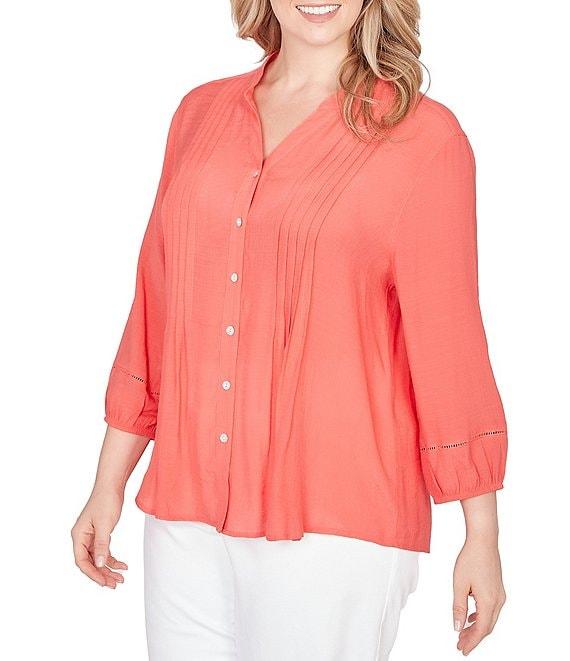 Ruby Rd. Plus Size Silky Slub Woven Split V-Neck 3/4 Sleeve Button Front Top Product Image
