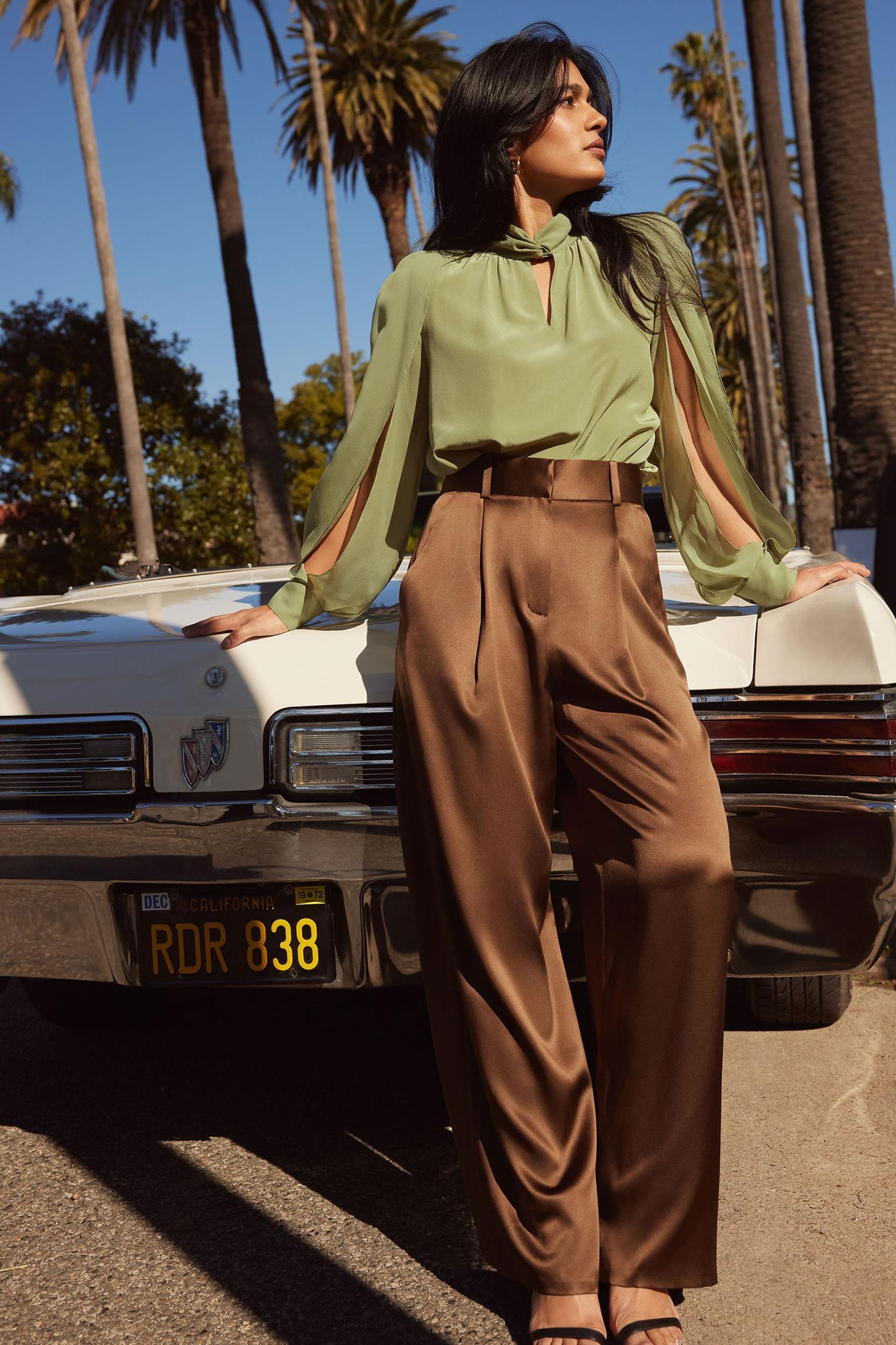 LILYSILK Women's Silk Crepe Side Slit Lantern Sleeve Blouse Top Pistachio XXS Product Image