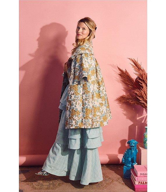 Buru Brocade Floral Oversized Point Collar 3/4 Sleeve Pocketed Topper Jacket Product Image