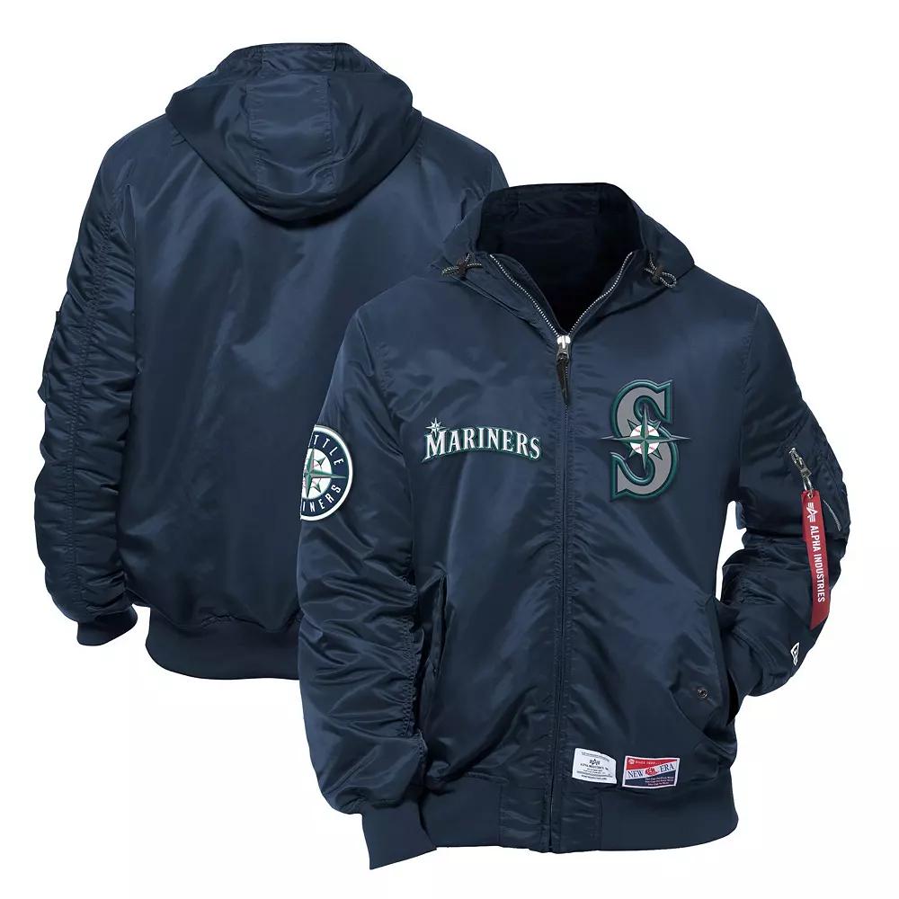 Men's New Era x Alpha Industries Navy Seattle Mariners Current Day Full-Zip Hooded Nylon Bomber Jacket, Size: Large, Blue Product Image