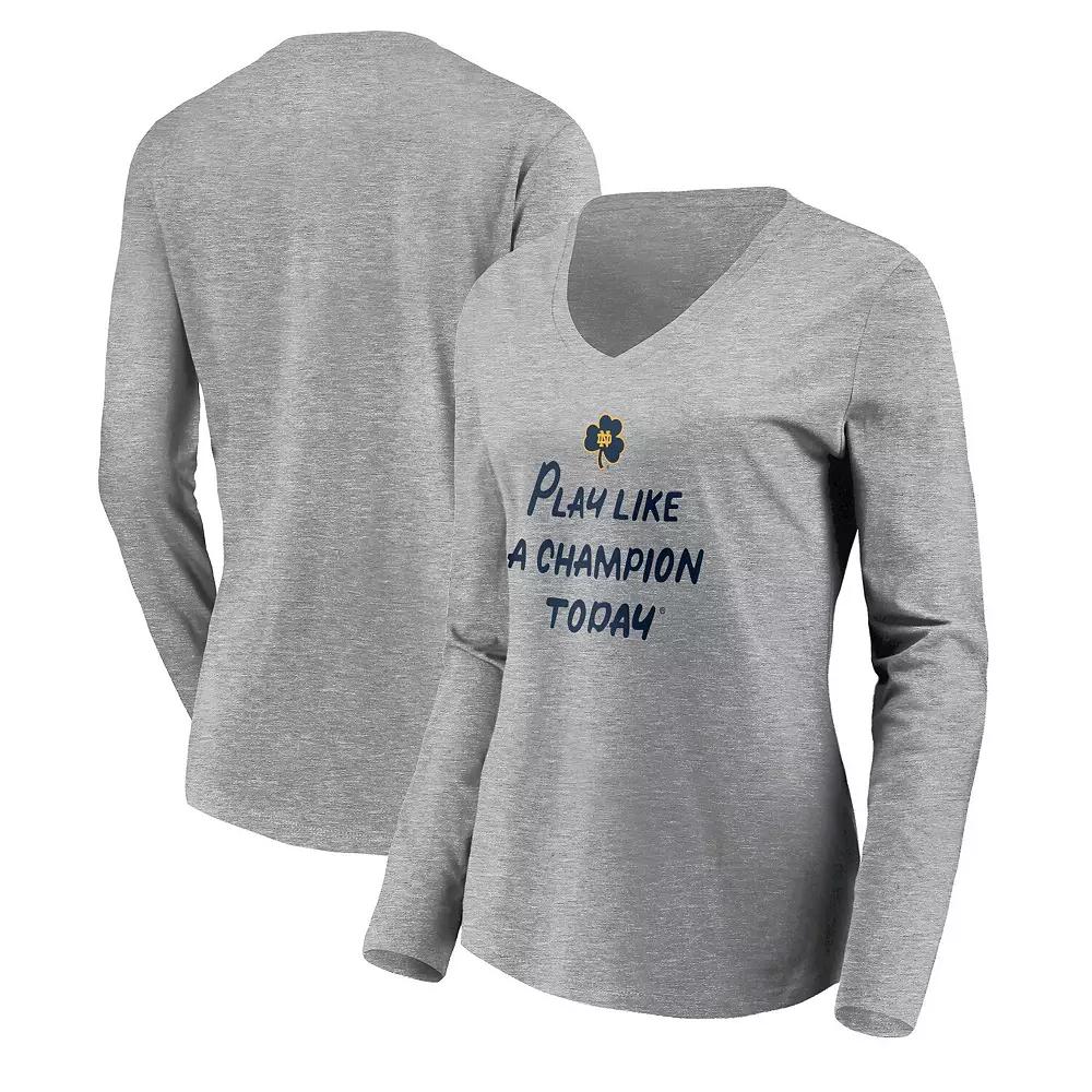 Women's Fanatics Branded Heathered Gray Notre Dame Fighting Irish Play Like A Champion Today Shamrock Long Sleeve V-Neck T-Shirt, Size: Large, Grey Product Image