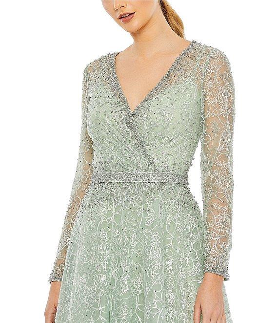 Mac Duggal Beaded Surplice V-Neck Long Sleeve Dress Product Image