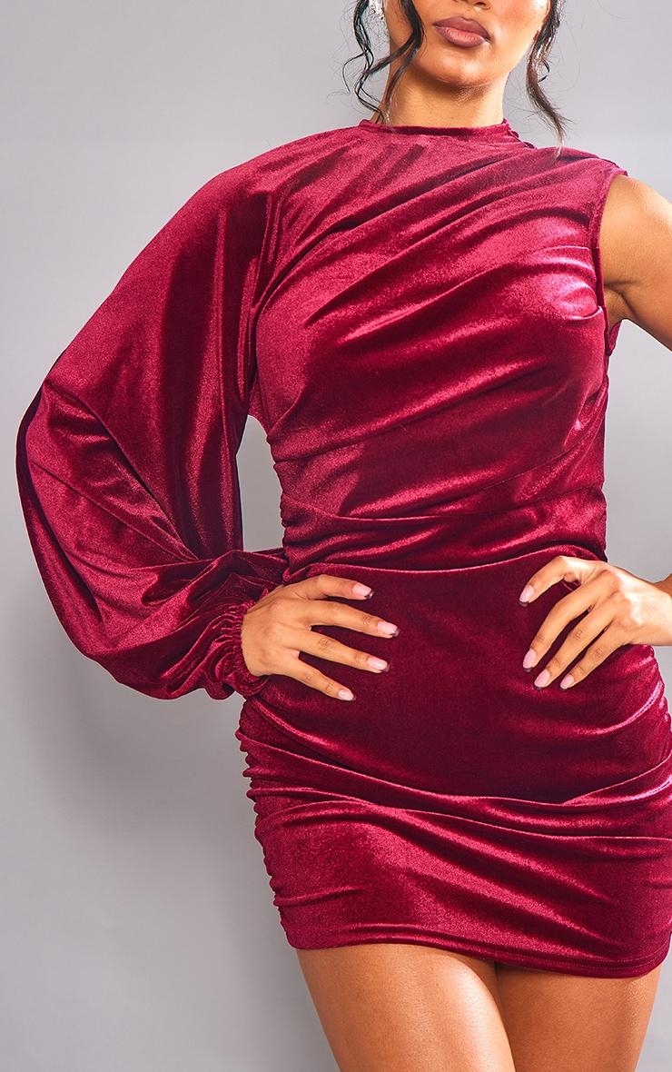 Cherry Red Velvet One Shoulder Ruched Detail Bodycon Dress Product Image
