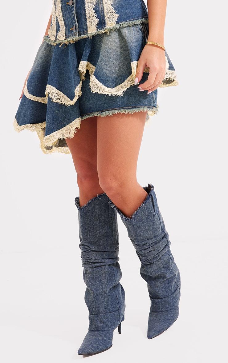 Mid Blue Wash Lace Trim Freyed Edge Denim Skater Skirt Product Image