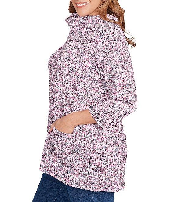 Ruby Rd. Plus Size Textured Jacquard Knit Space-Dyed Print Cowl Neck 3/4 Sleeve Sweater Product Image